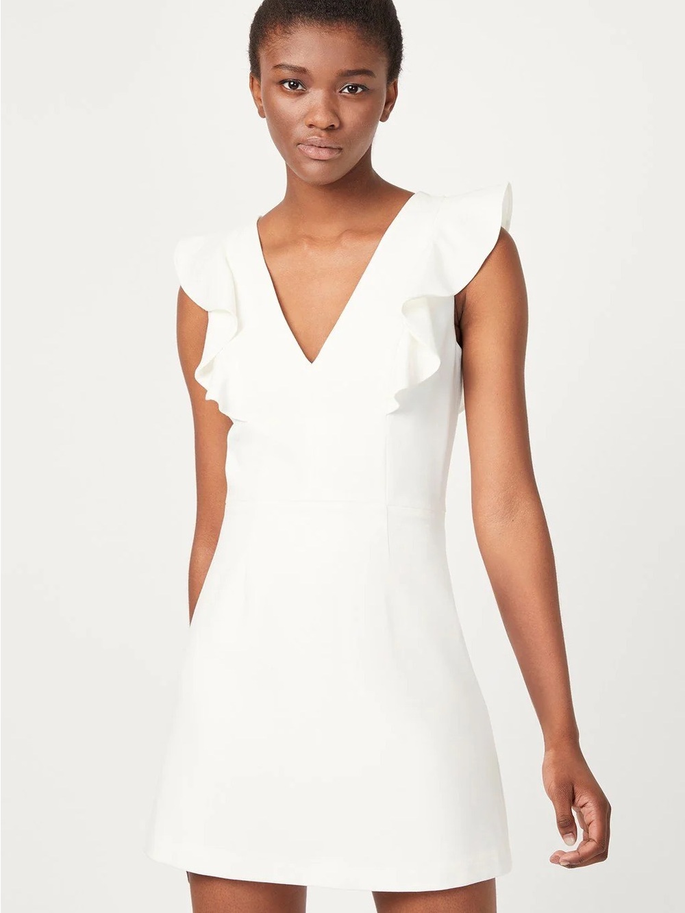 French Connection White Ruffle V-Neck Mini Dress